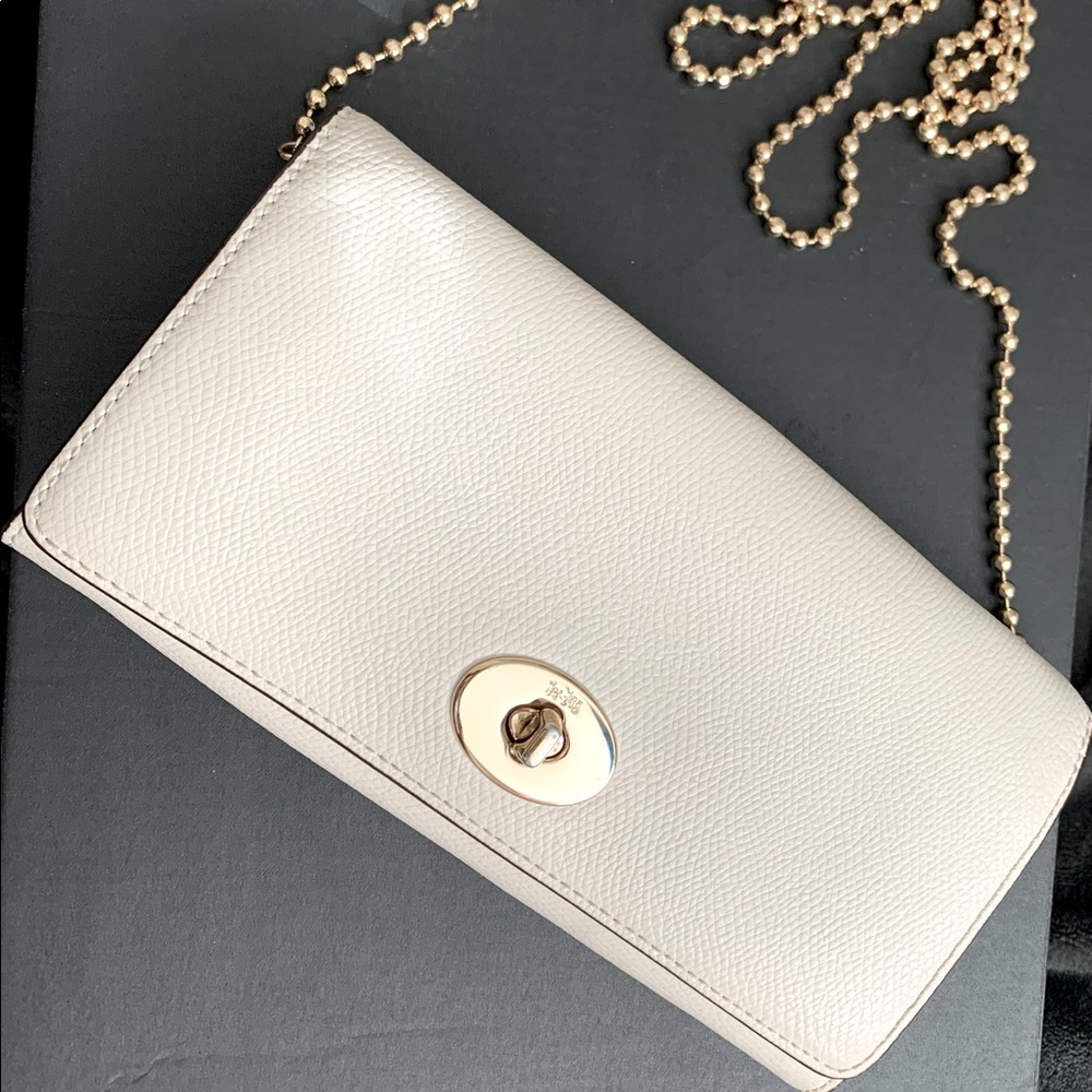 Coach White Cross Grain Leather Slim Chain Envelope Clutch Wallet Purse